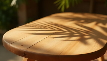 Poster - Wood table features a natural palm leaf shadow texture on its countertop in a warm and moody summer setting._00003_