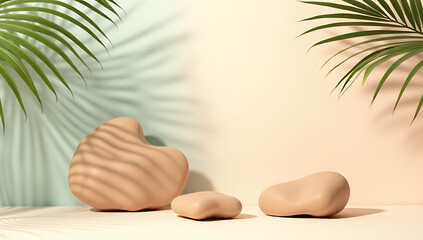 Aufkleber - Tropical design features a sandstone product display with palm leaf shadows against a soft pastel colored background._00001_