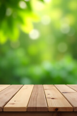 Aufkleber - The background features an empty wooden table top against a blurred garden scene with fresh green leaves._00003_