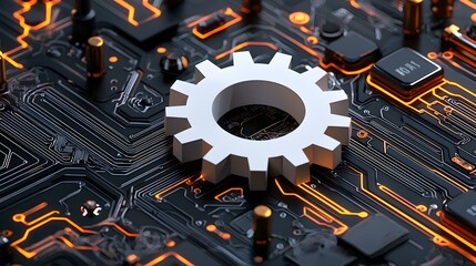 Poster - Futuristic Gear on Tech Circuit Board with Neon Glow Effects