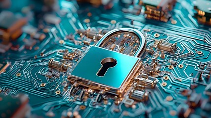 Poster - Digital Security Concept with Lock on Circuit Board Background