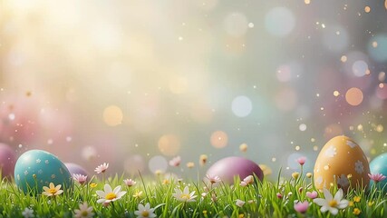 Poster - Colorful easter eggs with floral patterns are nestled in lush green grass, illuminated by warm sunlight and creating a cheerful easter scene.