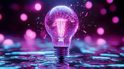 Poster - Shattered Light Bulb with Bright Pink Glow and Colorful Background