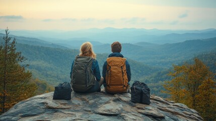 Wall Mural - Couple enjoys a peaceful mountain view during sunset while hiking