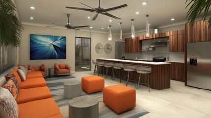 Wall Mural - Modern lounge area with kitchen, featuring orange accents and contemporary design.