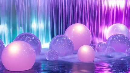 Wall Mural - Ethereal scene with translucent spheres and a colorful waterfall backdrop.