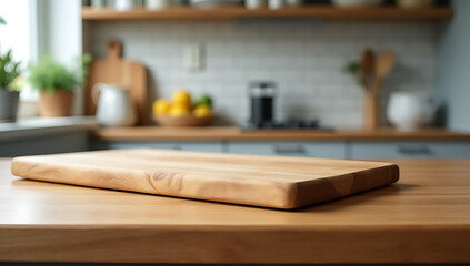 Poster - End grain wood counter top has a cutting board placed on it against a blurred kitchen background._00004_