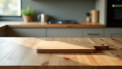 Poster - End grain wood counter top has a cutting board placed on it against a blurred kitchen background._00003_