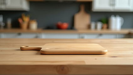 Poster - End grain wood counter top has a cutting board placed on it against a blurred kitchen background._00001_