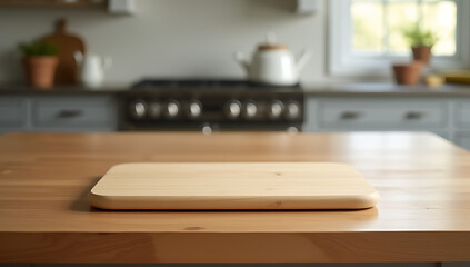 Poster - End grain wood counter top has a cutting board placed on it against a blurred kitchen background._00002_