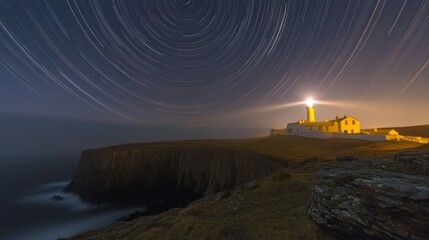 Canvas Print - A lighthouse beams light over a rugged coastline, with star trails in the night sky.