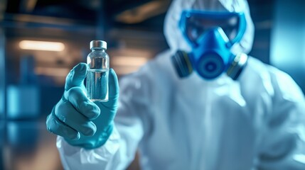 Poster - Scientist wearing hazmat suit showing vaccine vial in laboratory