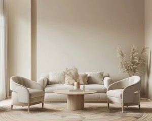 Minimalist living room with a beige couch. two armchairs. a round coffee table. and a vase with dried flowers