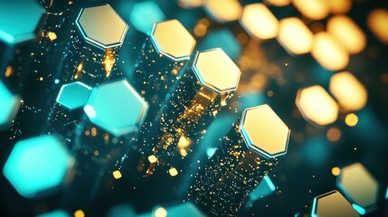 Canvas Print - Abstract representation of hexagonal shapes with glowing effects and particles.