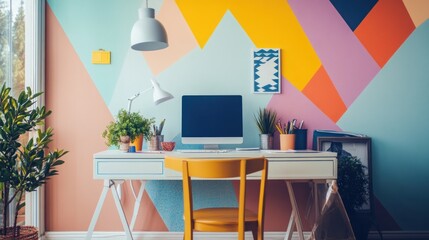 Wall Mural - A vibrant home office with a colorful wall, desk, and plants, promoting creativity and productivity.