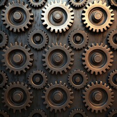 Poster - A close-up view of intricately arranged metallic gears on a rustic surface, showcasing their mechanical beauty.