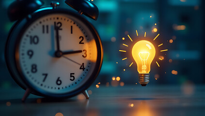 Poster - Bright ideas strike like an alarm clock with a shiny light bulb icon on a digital dateline display._00002_