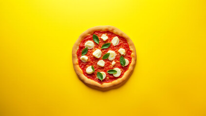 Aufkleber - A yellow background features a top view of a pizza with vibrant colors and contrasting design elements that draw attention._00004_