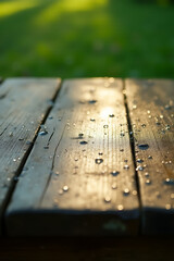 Poster - A worn wooden tabletop glistens with dew from the morning garden, its surface reflecting a soft blur of emerald green._00004_