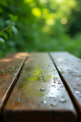 Poster - A worn wooden tabletop glistens with dew from the morning garden, its surface reflecting a soft blur of emerald green._00002_