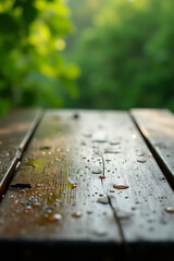 Poster - A worn wooden tabletop glistens with dew from the morning garden, its surface reflecting a soft blur of emerald green._00001_