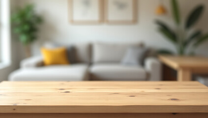 Poster - A wooden table top is blurred out of focus in front of a domestic home interior wall background._00001_