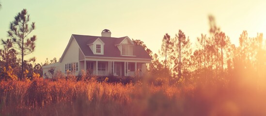 Canvas Print - A serene house in a golden field during sunset, evoking tranquility and rural charm.