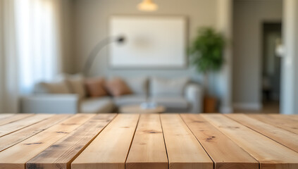Poster - A wooden table top is blurred out of focus in front of a domestic home interior wall background._00002_