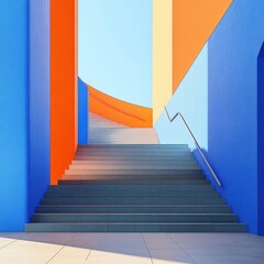 Poster - Vibrant architectural staircase with blue and orange hues, leading up to a bright sky, creating a lively and modern atmosphere.
