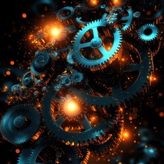 Poster - Intricate blue and orange gears in motion, creating a dynamic and futuristic industrial feel.