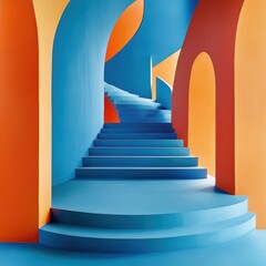 Poster - A vibrant abstract staircase with blue and orange hues, creating a whimsical, modern architectural design.