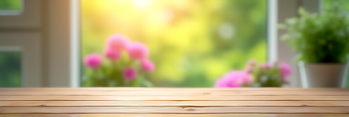 Aufkleber - A wood table top is set against a blurred window view of a garden with flowers in the morning sunlight._00004_