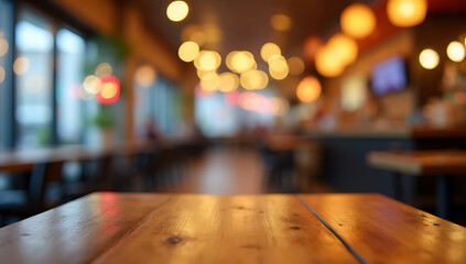 Poster - A wood tabletop with a blurred colorful light bokeh effect in a busy cafe and restaurant setting._00002_