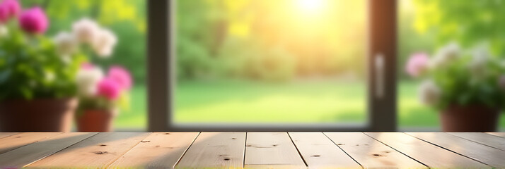 Aufkleber - A wood table top is set against a blurred window view of a garden with flowers in the morning sunlight._00003_