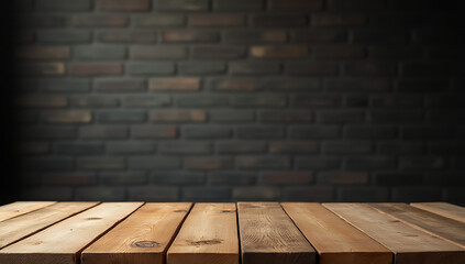 Poster - A wood table top is in sharp focus against a blurred dark brick wall background._00003_
