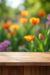 Aufkleber - A wood table counter serves as a focal point in a blurred garden background with vibrant flowers._00004_