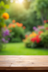 Aufkleber - A wood table counter serves as a focal point in a blurred garden background with vibrant flowers._00002_
