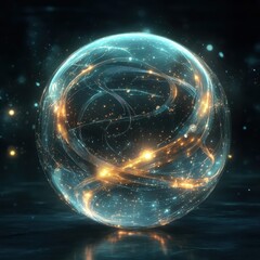 Poster - A mesmerizing translucent orb filled with glowing particles and swirling light patterns, evoking a cosmic feel.