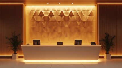 Wall Mural - Modern reception area with a textured wall and ambient lighting.