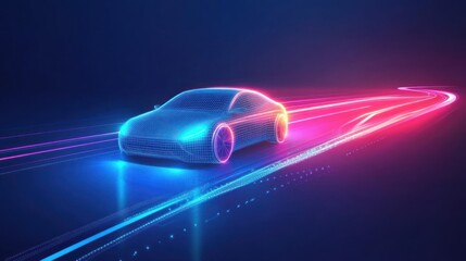 Canvas Print - A futuristic car design illuminated with vibrant neon colors against a dark background.