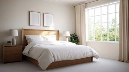 Wall Mural - Modern Minimalist Bedroom Design with Natural Light and Neutral Color Palette for Relaxing Ambiance