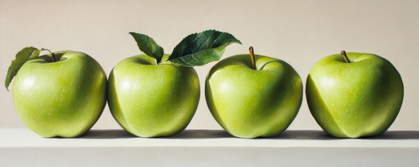 Wall Mural - Four green granny smith apples resting on white surface