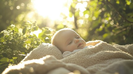 Poster - Infant in a crib outdoors, wrapped in a soft blanket with sunlight filtering through trees. 