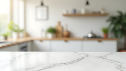 Poster - A selective focus shot of a marble table top against a blurred white kitchen room background is visually appealing._00003_