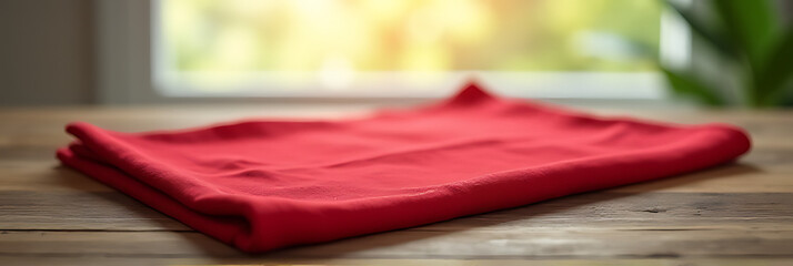Poster - A red cloth lies on a wooden table with a blurred window in the morning light, ideal for product displays or design visuals._00004_