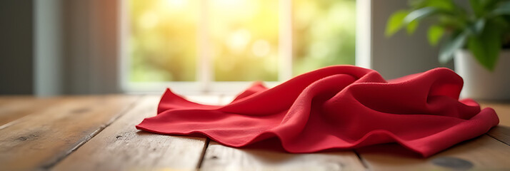 Poster - A red cloth lies on a wooden table with a blurred window in the morning light, ideal for product displays or design visuals._00001_