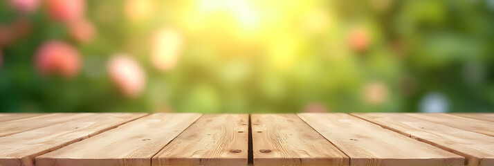 Poster - A real wood table with a blurred flower garden background can be used for product displays and design visuals effectively._00002_