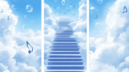 Sticker - A serene staircase ascends through fluffy clouds, surrounded by musical notes and bubbles.