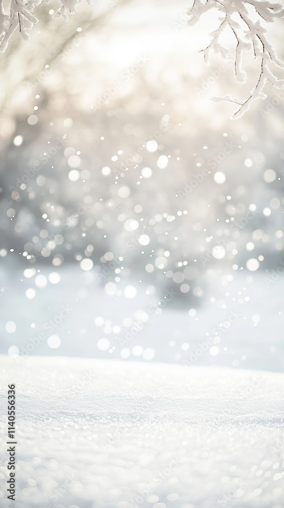 Soft snow fall with bokeh lights on white vertical background for ...