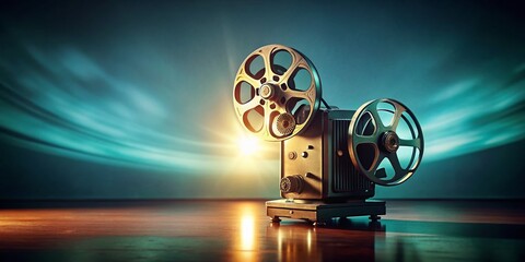 Wall Mural - Minimalist Cinema Photography: Film Reel, Projector, Lights, Camera, Screen, Movie Night